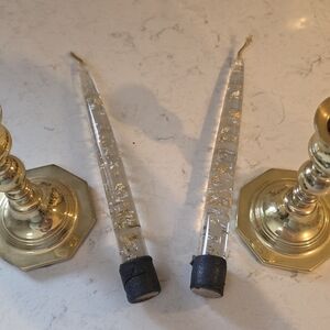 Baldwin Gold Candle Holders with Clear With Gold Flecks Taper Candles